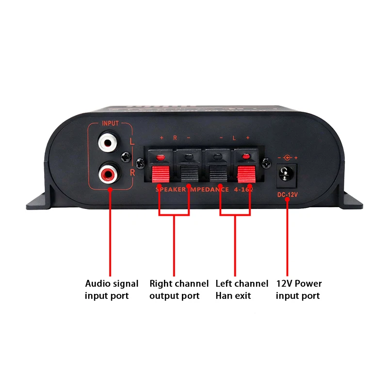 Amplificatore audio stereo HiFi Ingresso RCA Mini amplificatore DC12V a 2 canali 20W × 2 con controllo degli alti bassi per sistema di altoparlanti domestici per auto