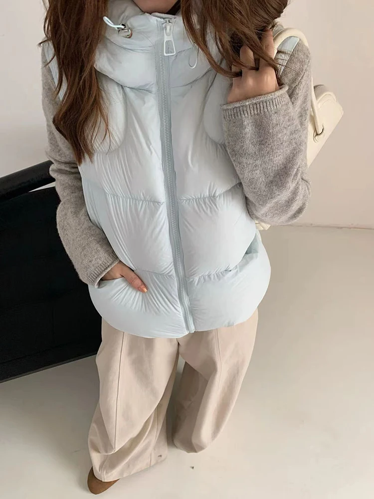 Autumn Winter Hooded Warm Down Vest Female Fluffy Puff Drawstring Waistcoat Women White Duck Down Thick Zipper Sleeveless Vest
