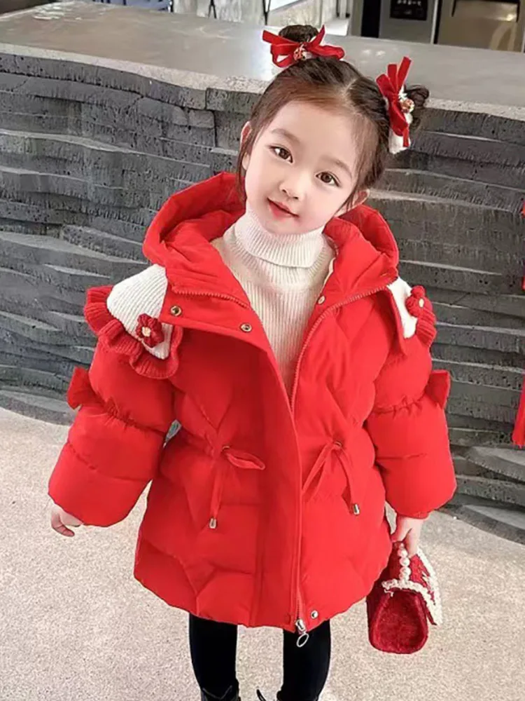 Little Girl's Down Jacket Christmas Thick Warm Padded Jacket 2024 Trend Fashion Windproof Hooded Coat For Girls Casual Clothes