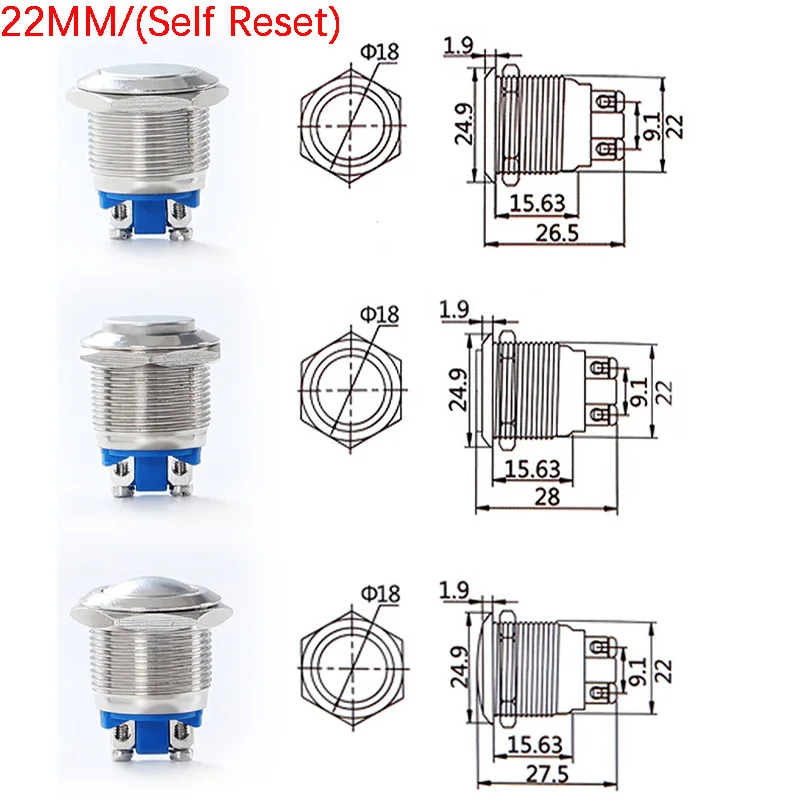 プッシュボタン12mm,16mm,19mm,22mm,フラット/ハイボール,圧力/ロックネジ,ピンなし/ncドアベル