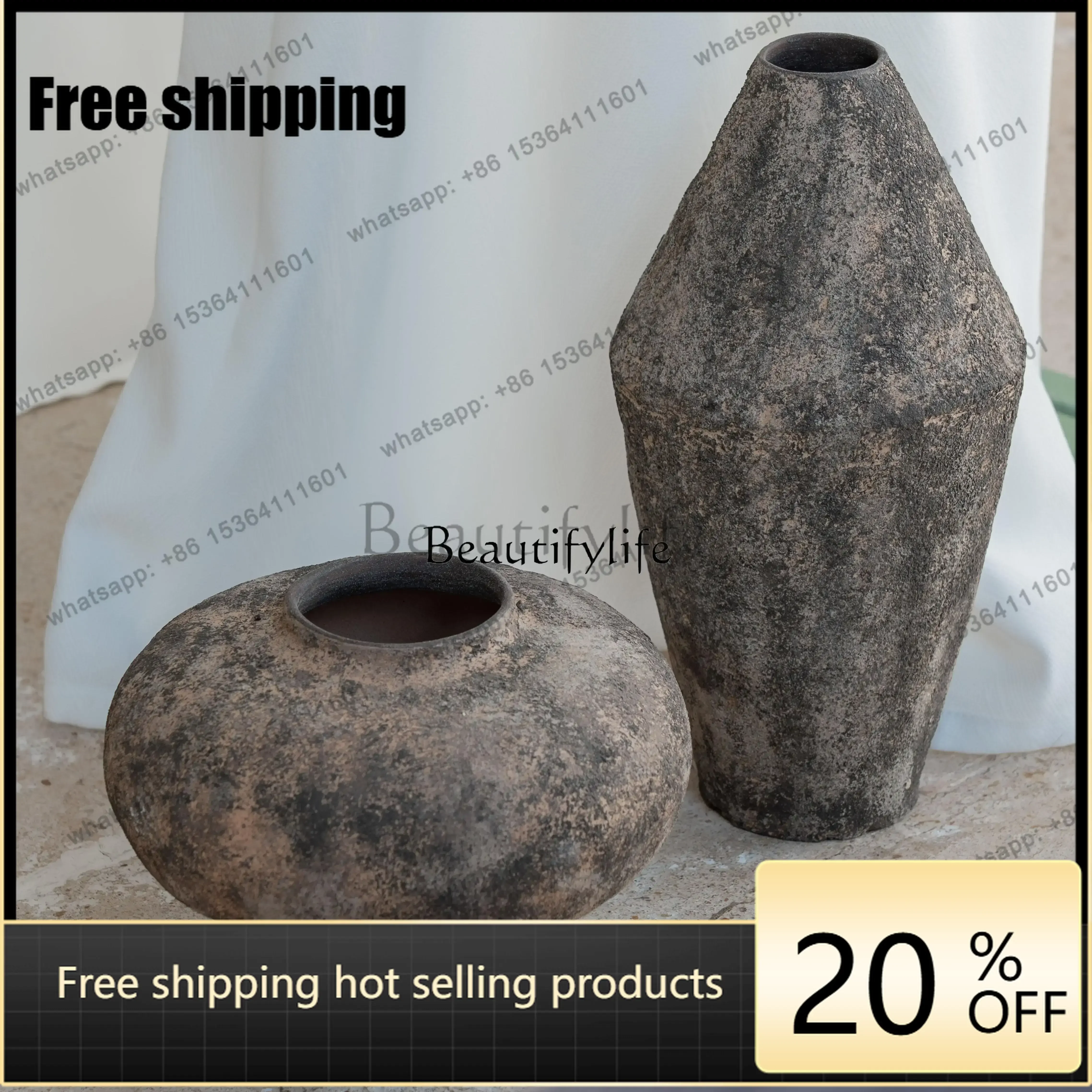 Factory Direct  Coarse Pottery Vase Wabi-Sabi Style Art Ornament Vintage Ceramic Flower Vase Decoration
