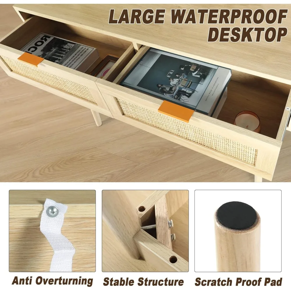 Table console moderne en rotin avec tiroirs, table de canapé en chêne, bureau d'entrée étroit pour couloir, meubles pour petits espaces
