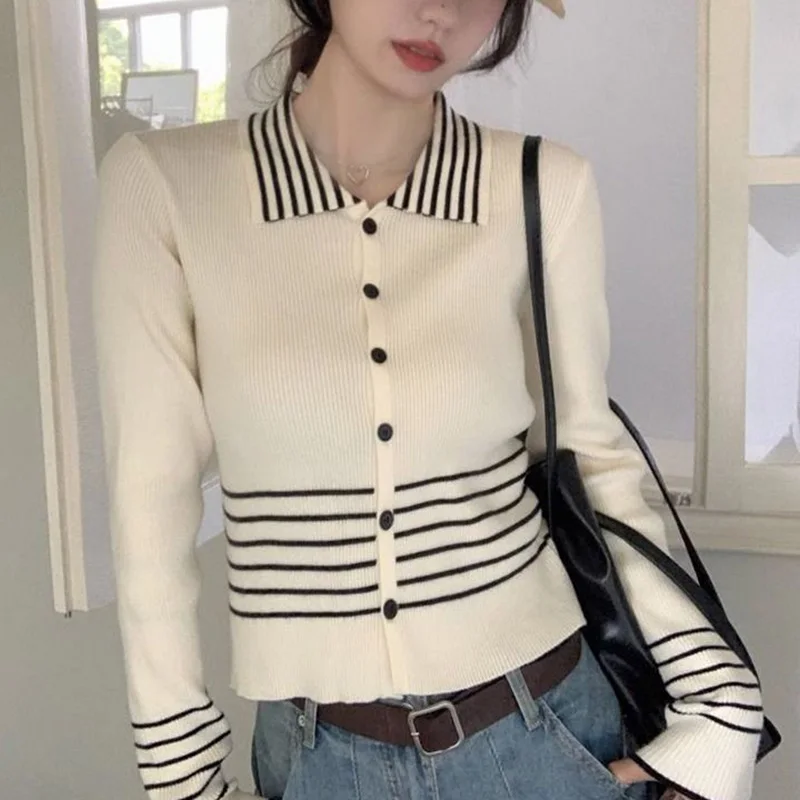 Korean Striped Polo-Neck Knitting Cardigan Ladies Autumn Winter Coat Slim Sweater Women Clothing Korean Patchwork Buttons Tops