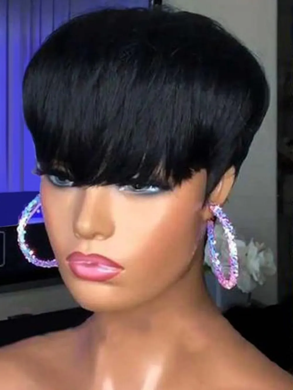 Pixie Cut Straight Curto Bob Peruca para Mulheres, Cabelo Humano, Máquina Completa Feita