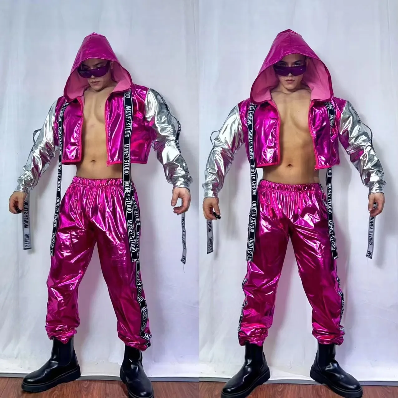 Traje de dança de rua masculino hip hop jazz rave outfit conjunto de couro com capuz jaqueta e calças masculino cantor grupo bandagem carta tema