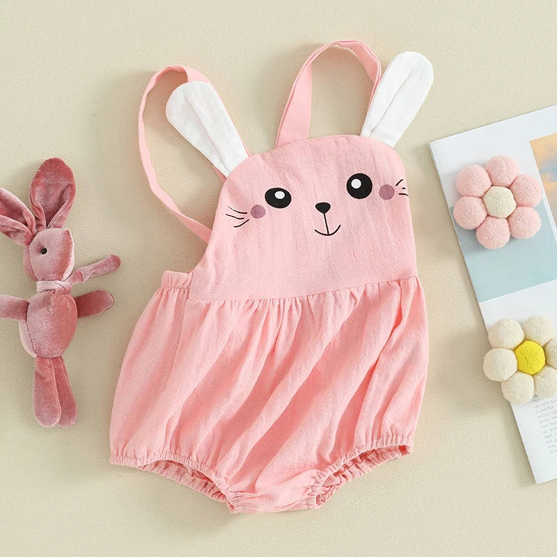 

Newborn Baby Girl Easter Outfit Sleeveless Bunny Print Romper Bodysuit with Pompoms Tail