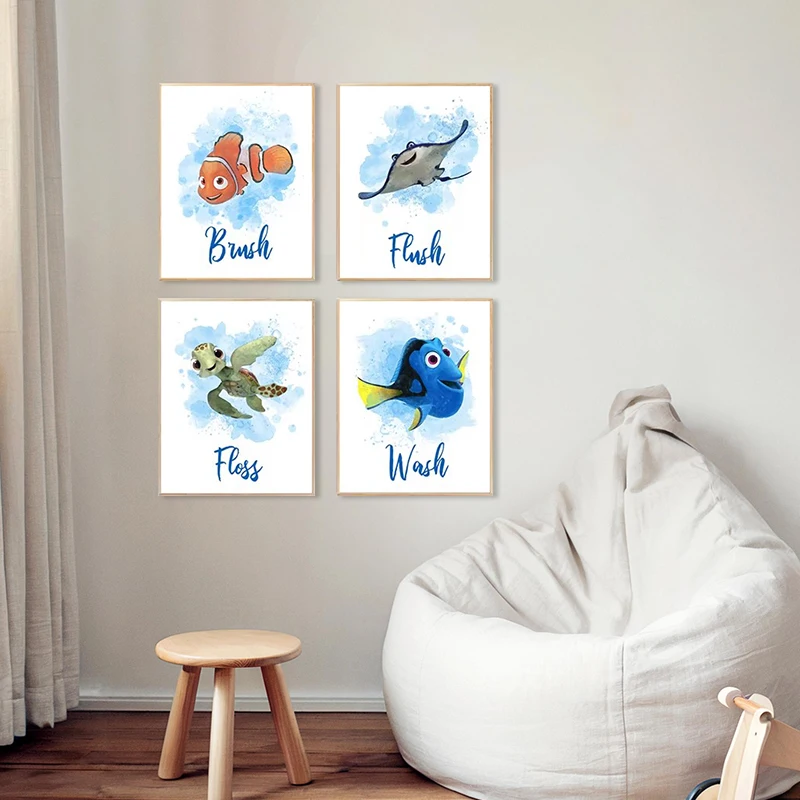 Póster de búsqueda de Nemo Dory, Squirt Turtle Bruce, arte de acuarela de dibujos animados, pintura en lienzo, impresiones, imágenes de pared para guardería, decoración para habitación de niños