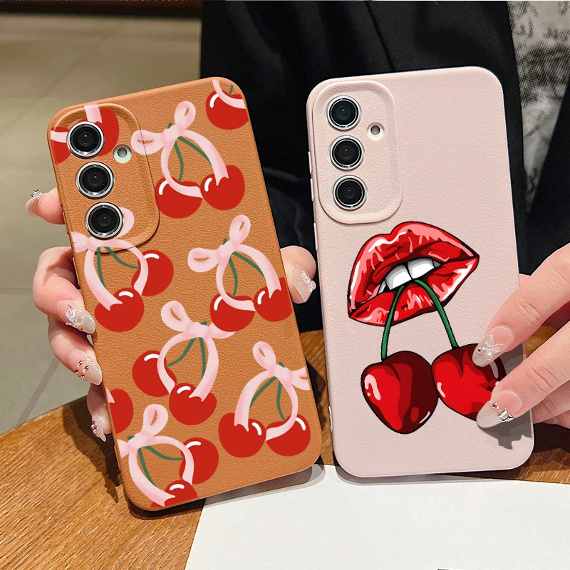 Cherry Pattern Phone Case For Samsung Galaxy A57 A37 A56 A17 A16 A55 5G S25 FE S26 S24 S23 S22 Ultra Leather Texture TPU Cover