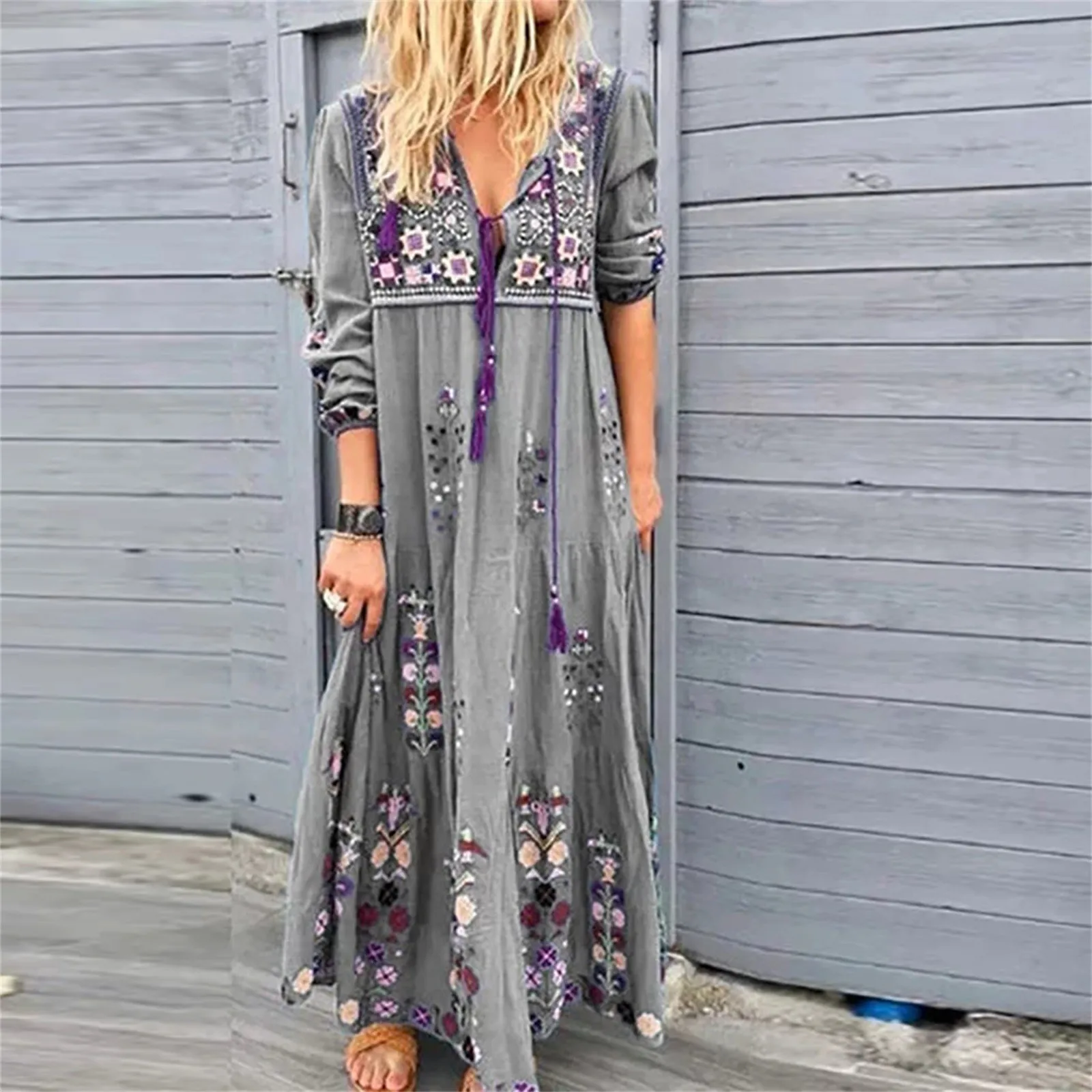 

Women's Long Sleeve Boho Maxi Dress Ethnic Style V Neck Lace Up Long Skirts Printing Plus Size Loose Casual Ladies Dresses