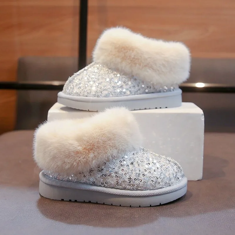 2026 Autumn and Winter New Kids Girls Thick Bottom Thick Plush Snow Boots Anti slip Waterproof Glitter Cotton Boots