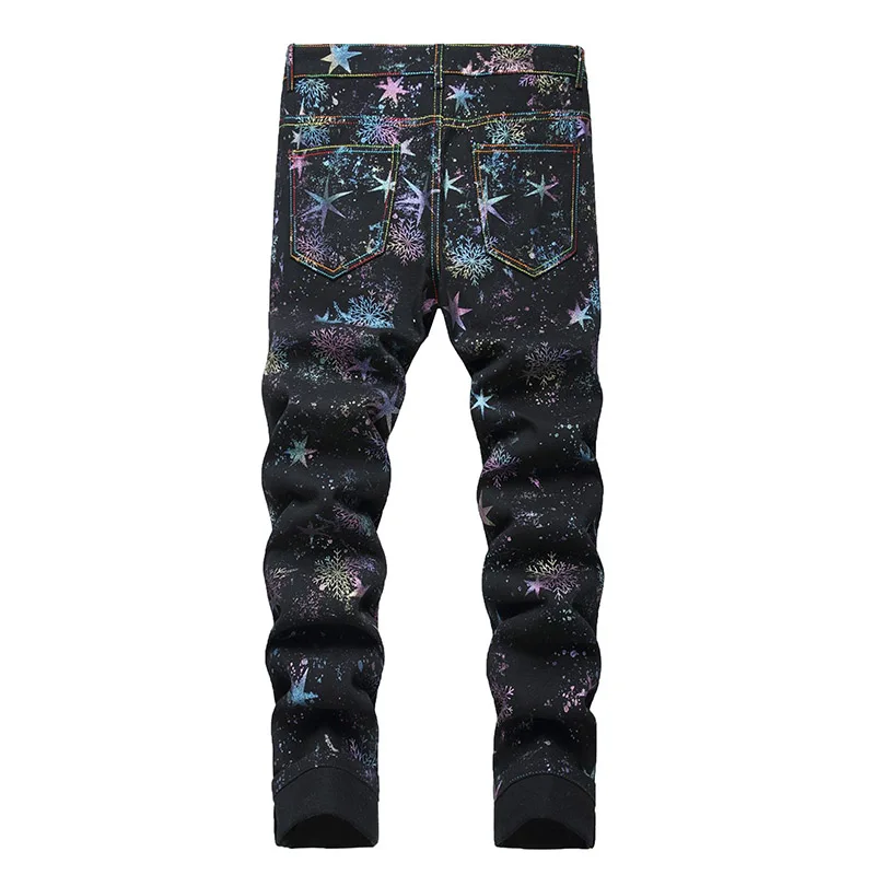 Mcikkny Men Fashion Star Printed Jeans Pants Slim Fit Stretch Denim Trousers Hip Hop