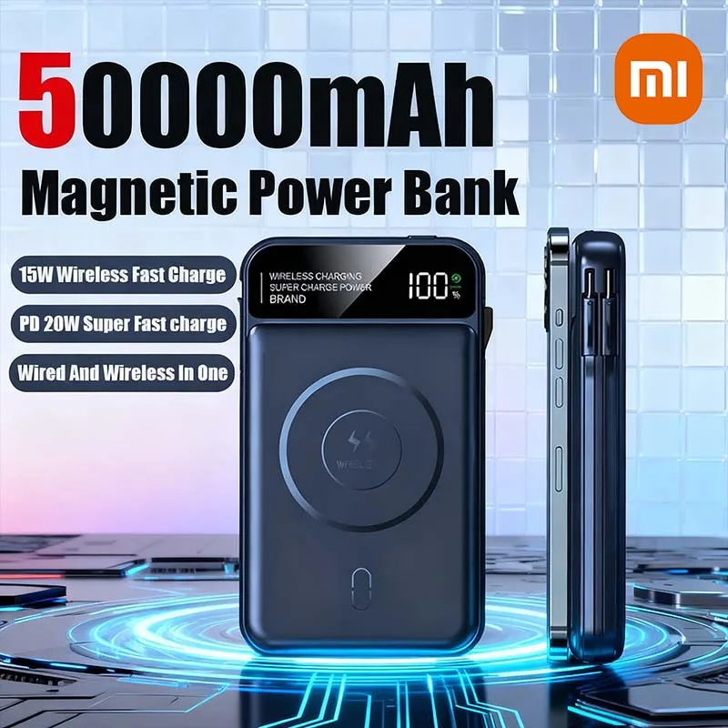 Xiaomi Power Bank 50000mah Wireless Charging For Magsafe Magnetic Charging Built-in Wire Mobile Phone Battery For IPhone Xiaomi