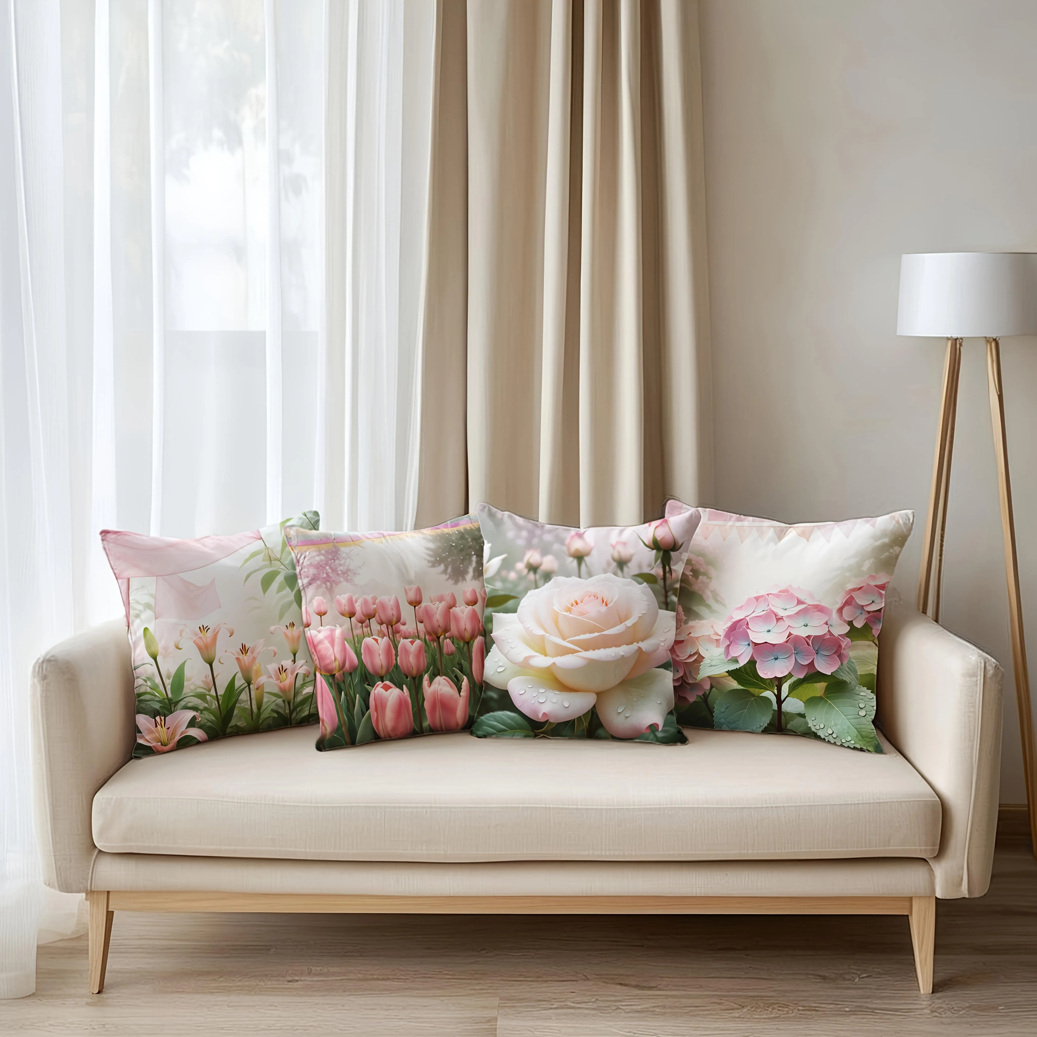 

Elegant Floral Pillowcase, Tulip Rose Hydrangea Design, Spring Home Decor Cushion Cover