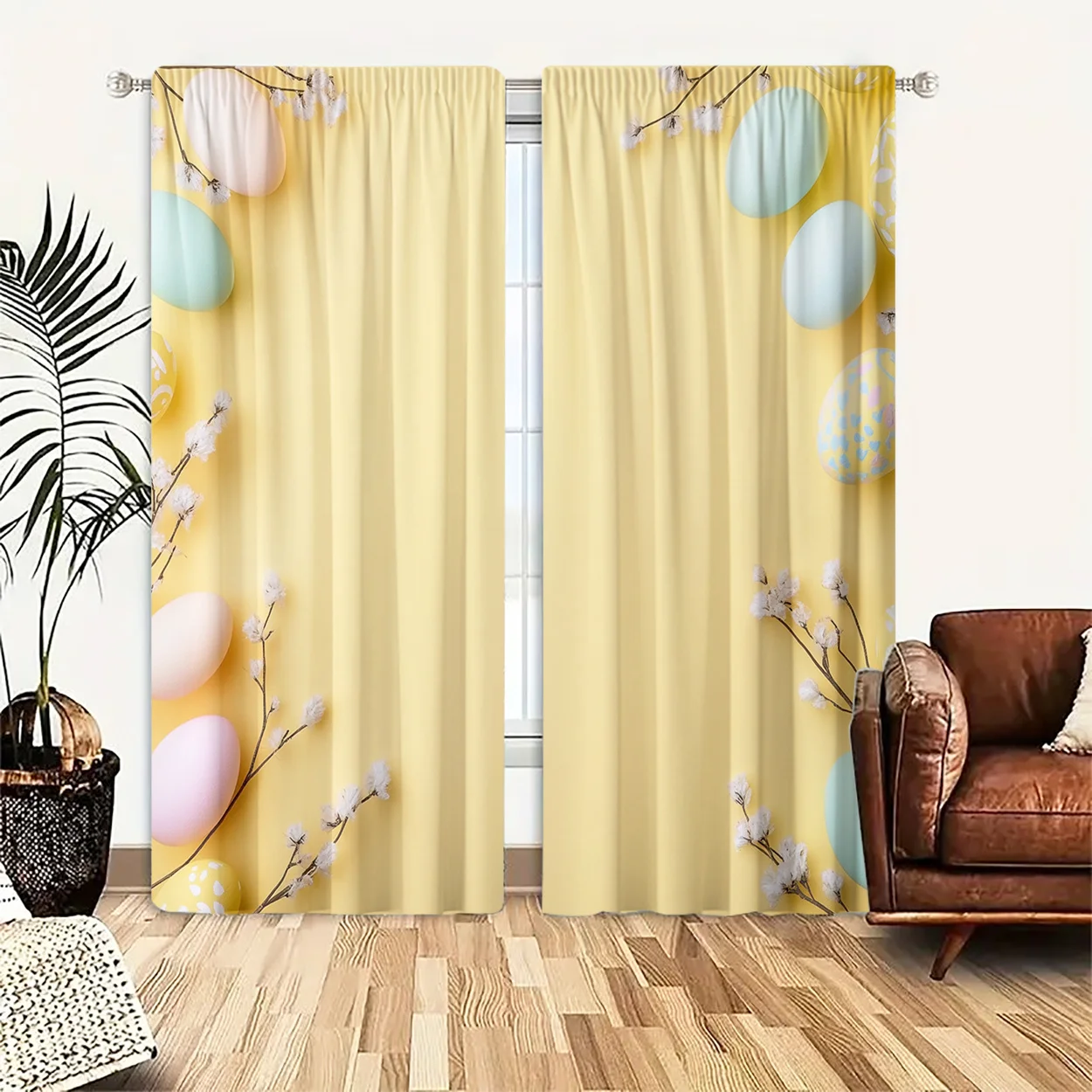 Spring Easter Window Curtain 2 Panels, Pastel Egg Pussy Willow Minimal Pale Yellow Pattern, Drapes for Living Room Curtain
