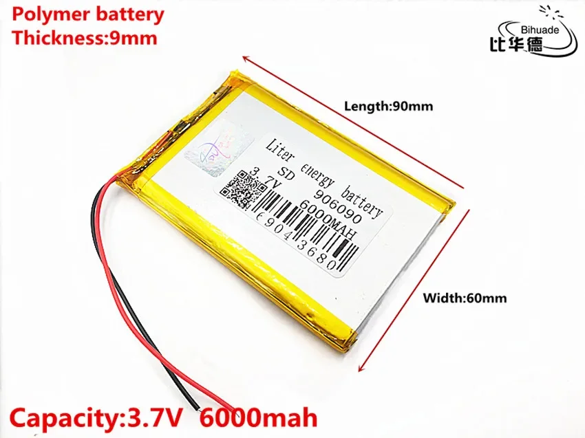 Liter energy battery Good Qulity 3.7V,6000mAH 906090 Polymer lithium ion / Li-ion battery for tablet pc BANK,GPS,mp3,mp4