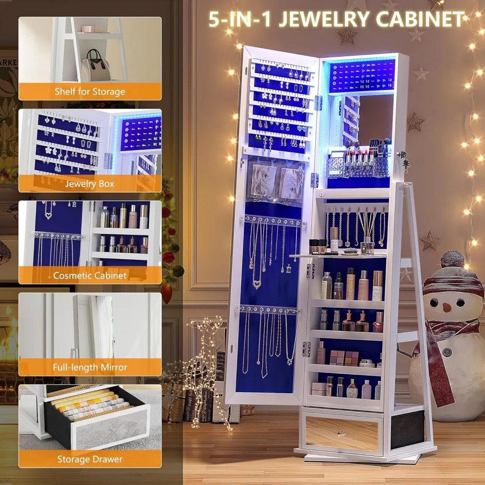 Swivel Jewelry Cabinet with LED Light - Rotatable Standing Full-Length Mirror with Storage and Drawer, Lockable Jewelry Armoire image 3