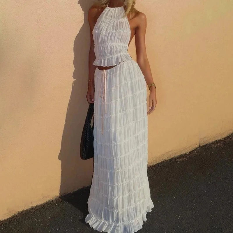 

Женский костюм из 2 предметов, длинная юбка с открытой спиной, на бретельках, со шнуровкой и складками