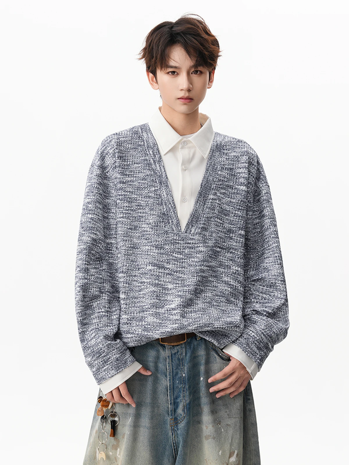 2025 Spring and Autumn New Fake Two-Piece Shirt Collar Light Gray Knitted Sweatshirt Men's Loose Casual Dark Gray Top