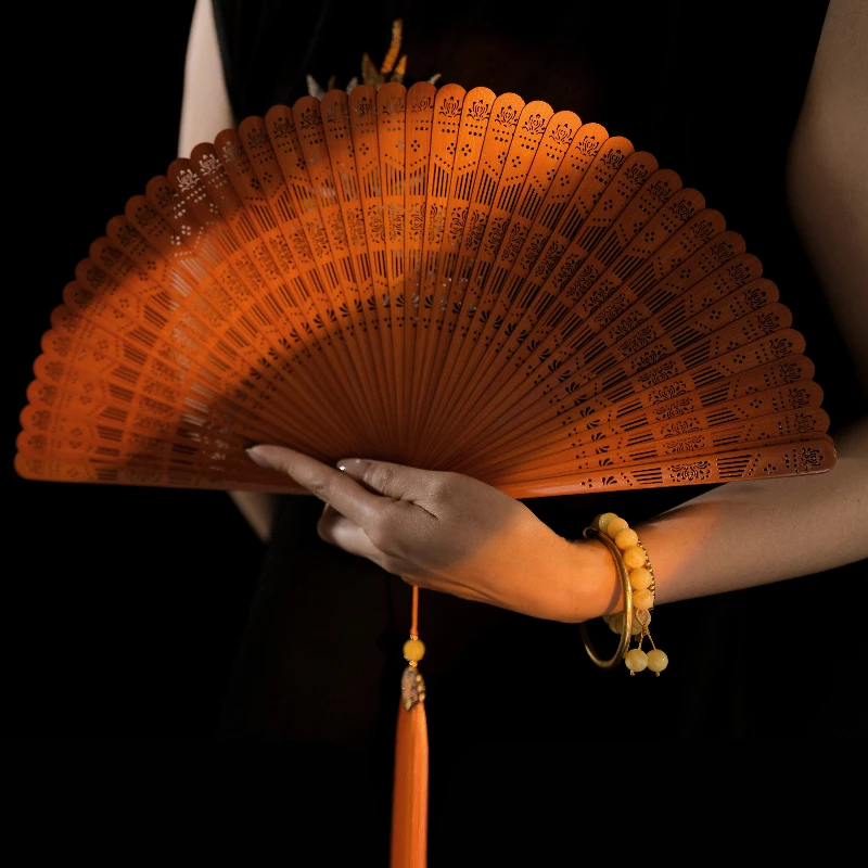 All Bamboo Carved Hollow Folding Fan with Floral Pattern for Cheongsam Gift Daily Fan Lightweight Portable Chinese Style