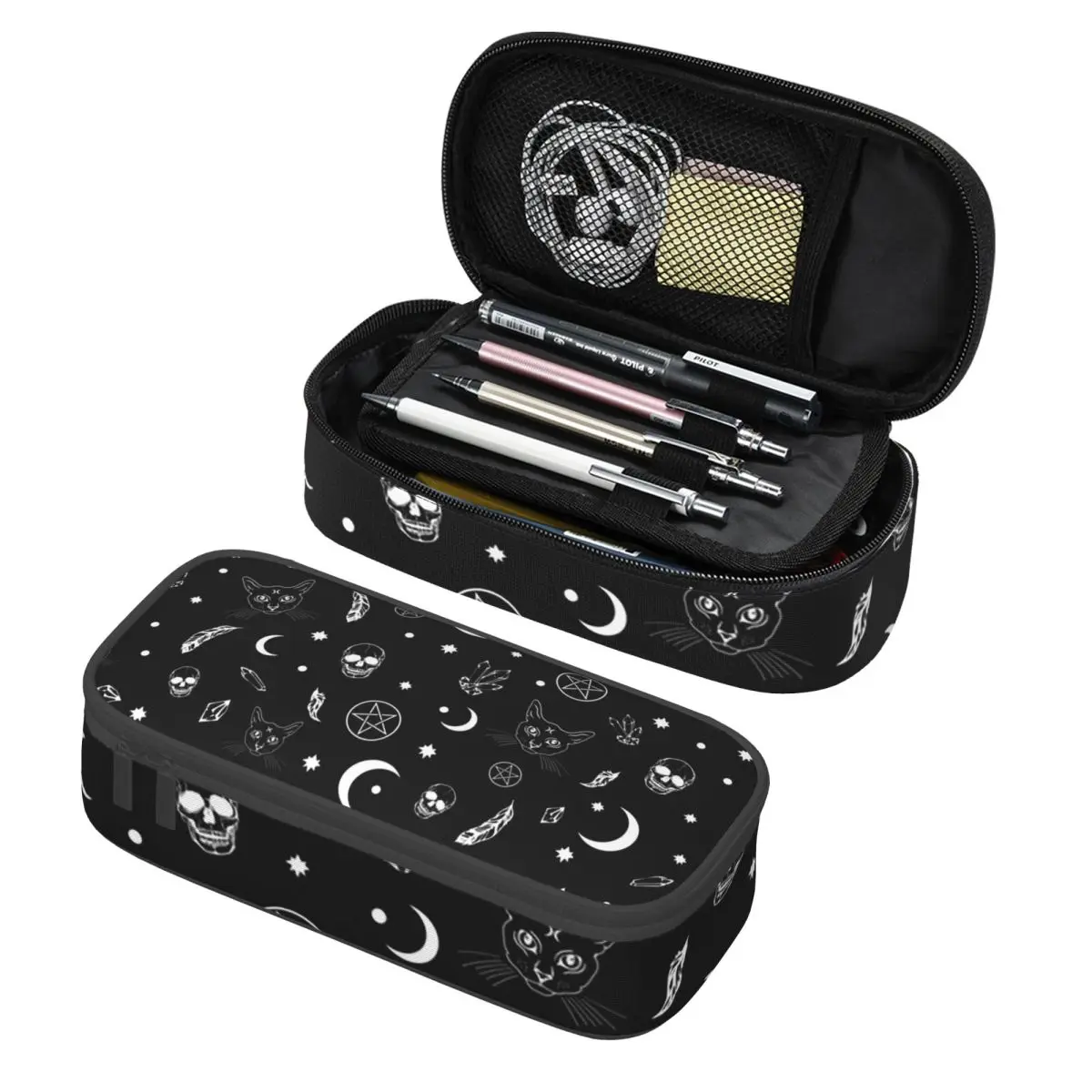 

Пенал-косметичка для карандашей и канцелярских принадлежностей «Мистический Кот: Волшебные Глаза, Небесная Луна, Череп, Звезды», большой объем для хранения
