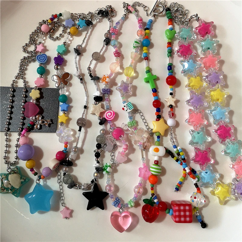 Y2K Candy Star Anhänger Bunte Harz Perlen Halsband Kurze Schlüsselbein Kette Halskette Nette Frauen Mädchen Ästhetische Harajuku Zubehör