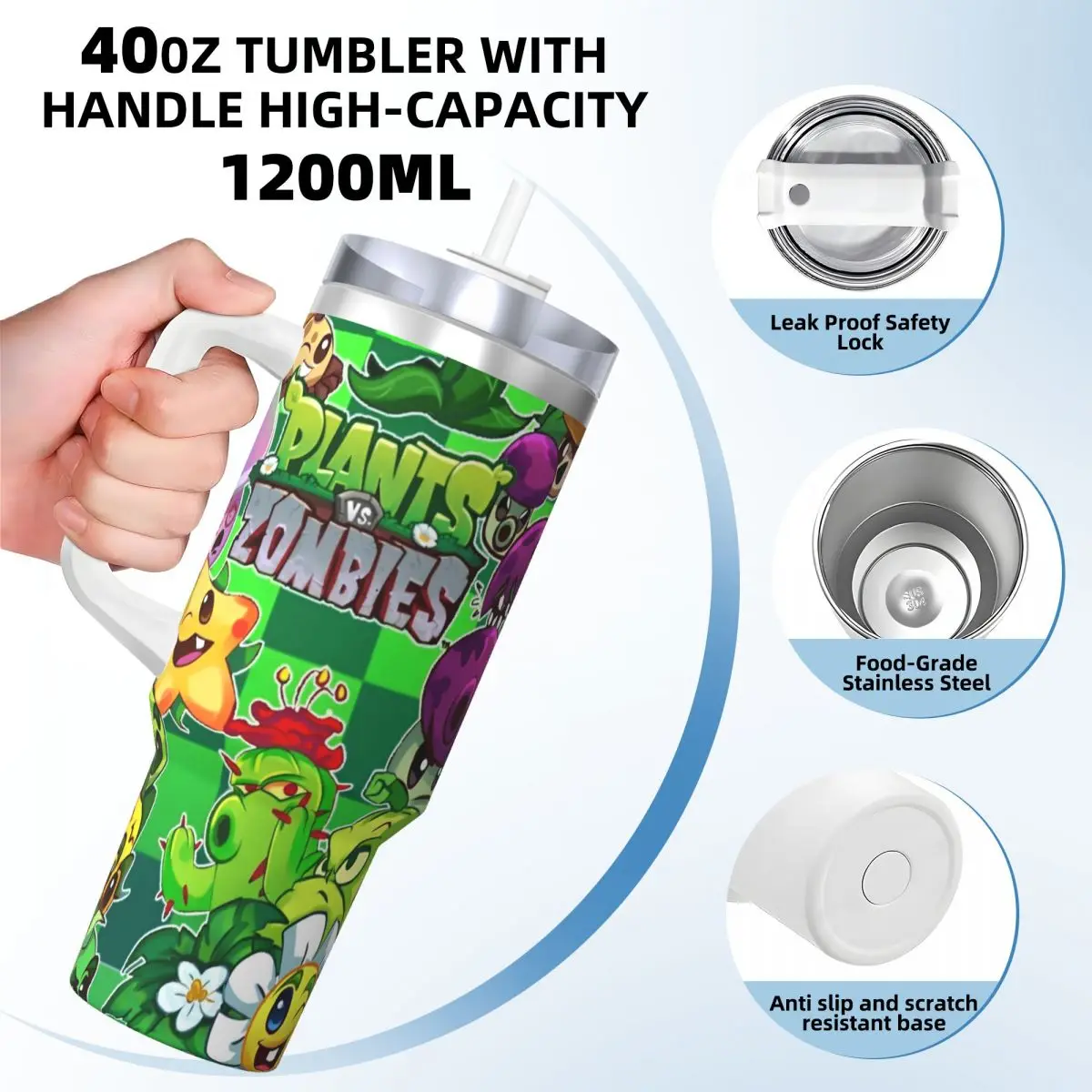 Game P-Plants-vs-Zombie Tumbler Cold Drink Water Bottle Leakproof Stainless Steel Thermal Mug Graphic Travel Car Mugs