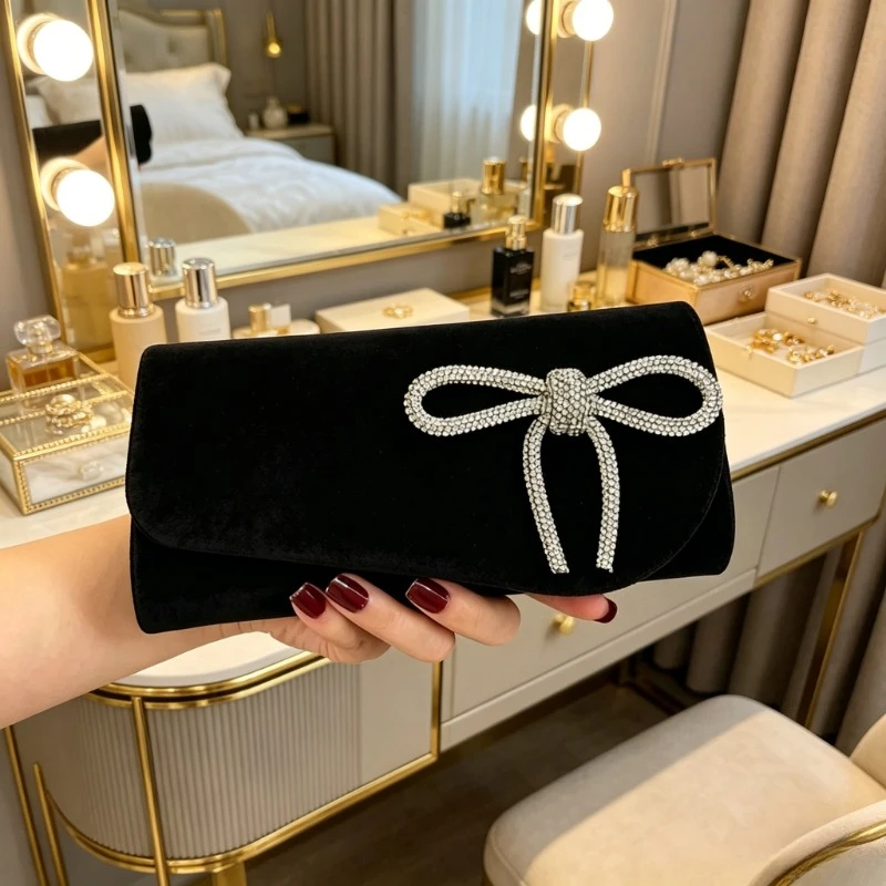 Bolso de mano de noche de gamuza con lazo de diamantes de imitación para mujer, tipo sobre, con cadena desmontable para bodas, fiestas y banquetes