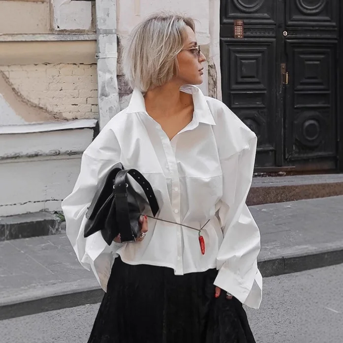 

Осенняя женская блузка во французском стиле с отложным воротником, однобортная женская рубашка из 100% хлопка, шикарная верхняя одежда для женщин