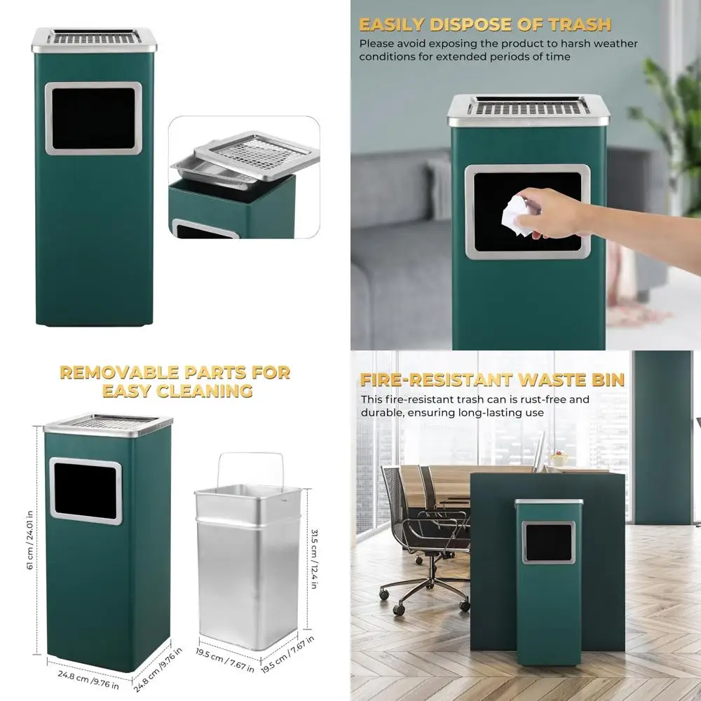 

Stainless Steel Outdoor Square Trash Can with Removable Inner Bucket for Commercial Waste Disposal and Convenience