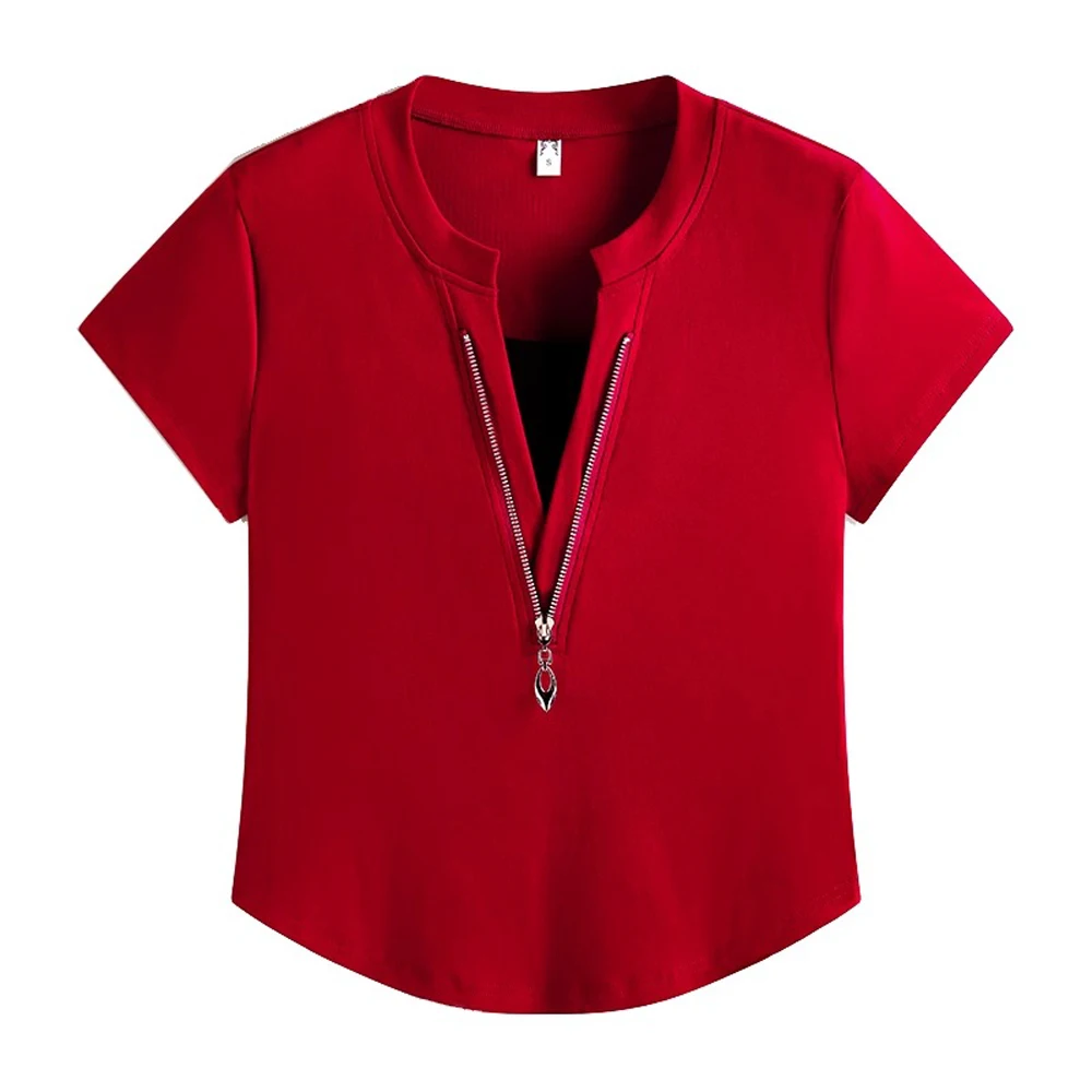 Korean version wine red short sleeved T-shirt for women's summer new fashion plus size fake two-piece V-neck short casual top