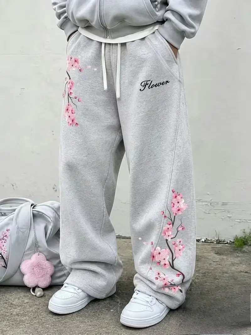 2026 Sakura Pattern 3D Printed Denim Pants - Loose-Fitting Casual Sports Pants - Street Style Pants