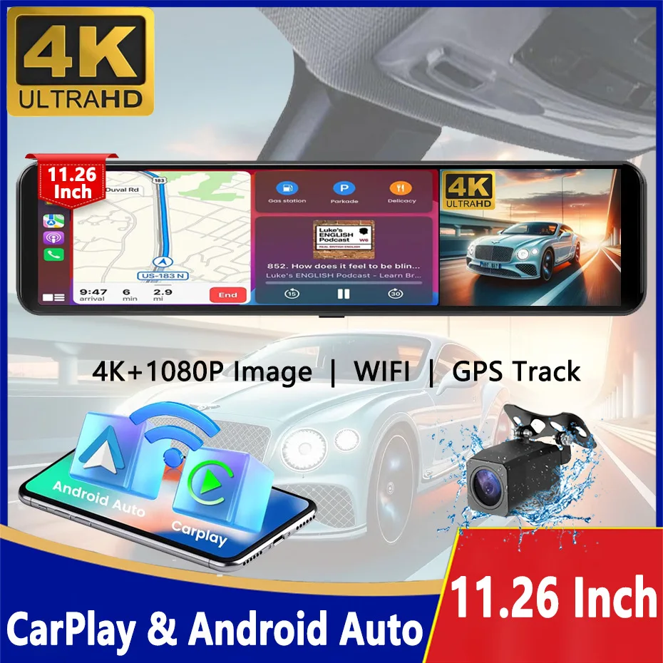 11.26 inch 4K Dash Cam Rearview mirror camera Wifi wireless Carplay & Android Auto Dual Lens Car DVR Video Recorder GPS AUX