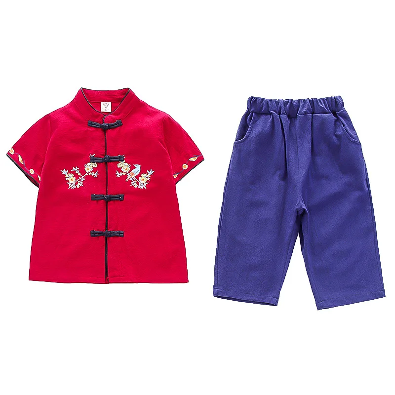 Conjunto de dos piezas de Hanfu antiguo tradicional para niños y niñas, traje Tang con estampado de botones Vintage de estilo chino, juego de rol