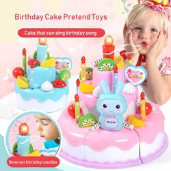 Kids Toy Simulation DIY Birthday Cake Model Kitchen Pretend Play Cutting Cake Toy with Light and Music Blowing Candles Girl Gift