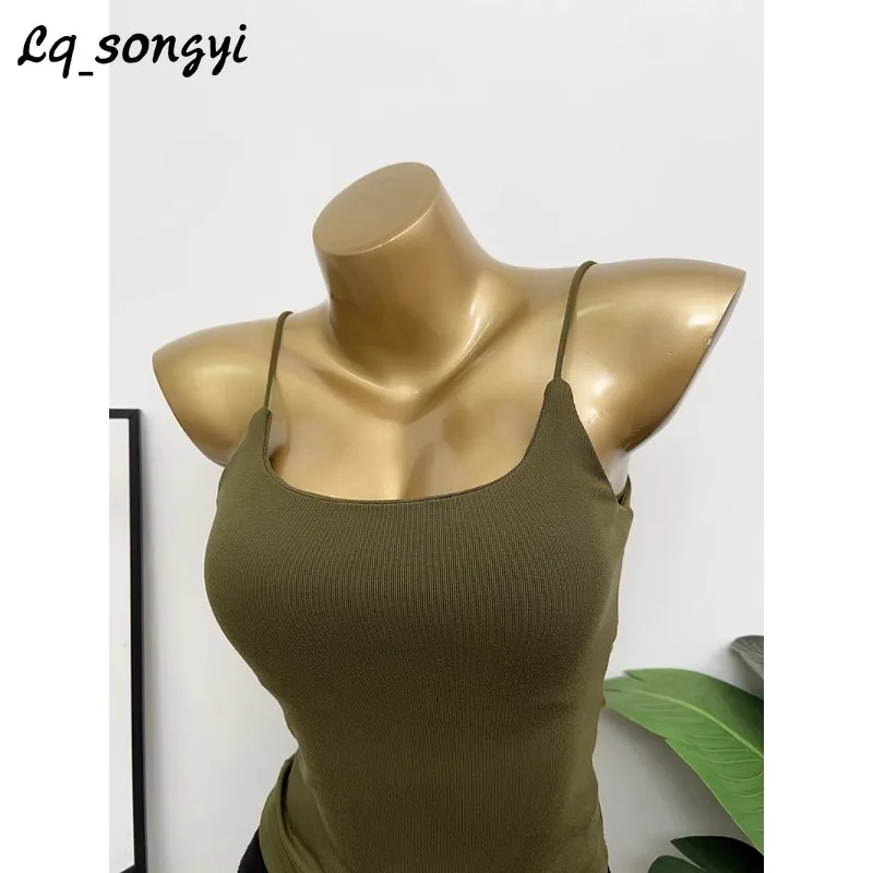 

Lq_songyi with Chest Pads !! Square Neck Camis Women Slim Sleeveless Top Spaghetti Strap Tops Double-deck Solid Basic Camisole