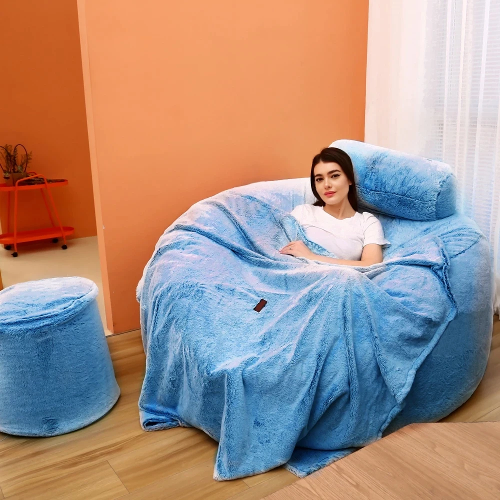 

Dropshipping New Biue Giant Bean Bag Cover Recliner Cushion Cover No Filler Soft Comfortable Fluffy Fur Bean Bag Bed Cover