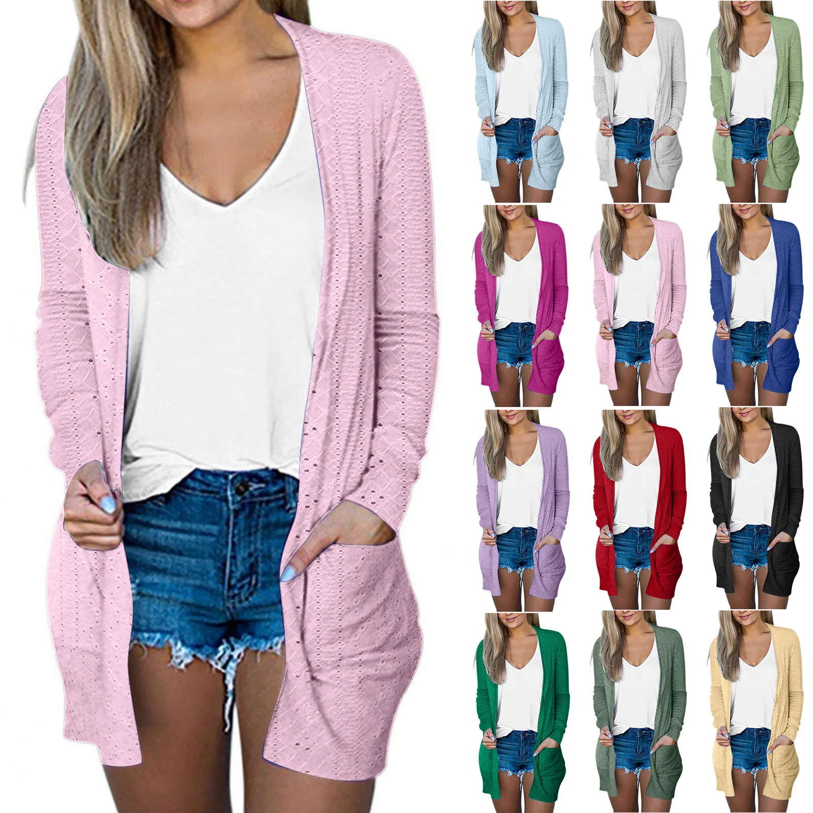 Women Knitted Cardigan Sweaters Solid Jumpers Mid Lenth Pockets Long Sleeve Loose Fit Open Stitch Elegant Casual 2025 Autumn