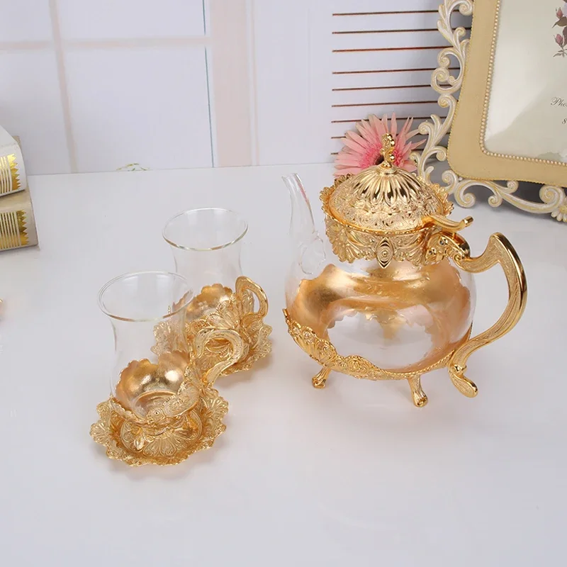 Palace Golden Glass Teapot Kitchen Metal Cold Kettle Coffee Pot European Style Home Decoration Glassware Birthday Wedding Gifts