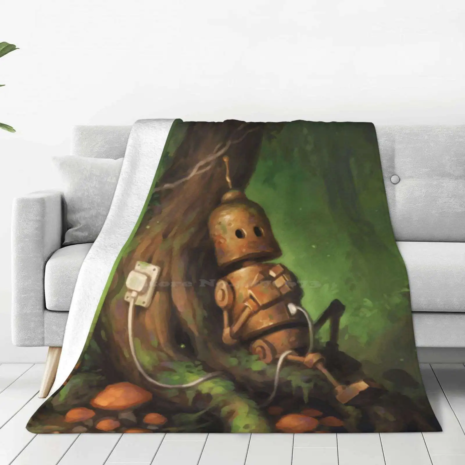 Charging Fashion Soft Warm Throw Blanket Robots Mech Nature Tree Charging Lonely Cute Forest Woods Green