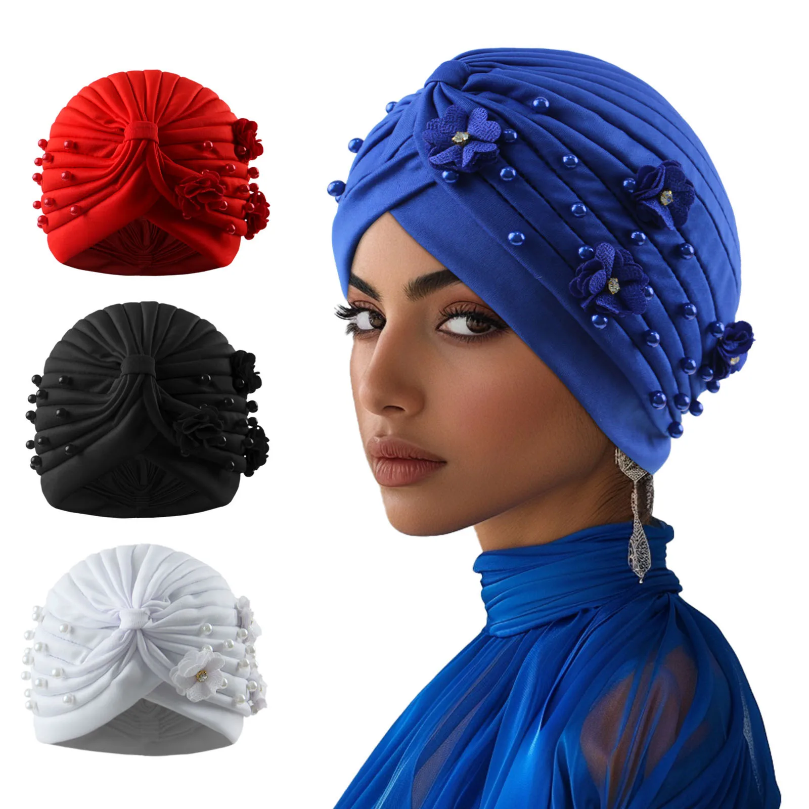 

Fashion Flowers Turban Hijab Hats African Head Wraps Soft Elastic Flower Pearl Muslim Hats Breathable Chemo Cap for Women Girls