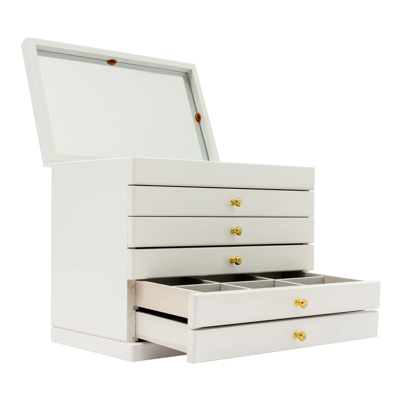 6-Schichtige Schmuck-Aufbewahrungsbox mit Spiegel, Kleeblatt-Gravur, Schmuck-Organizer, Weiß, Vintage-Stil, Aufbewahrungsbox für Ohrringe und Ringe – Detail 9