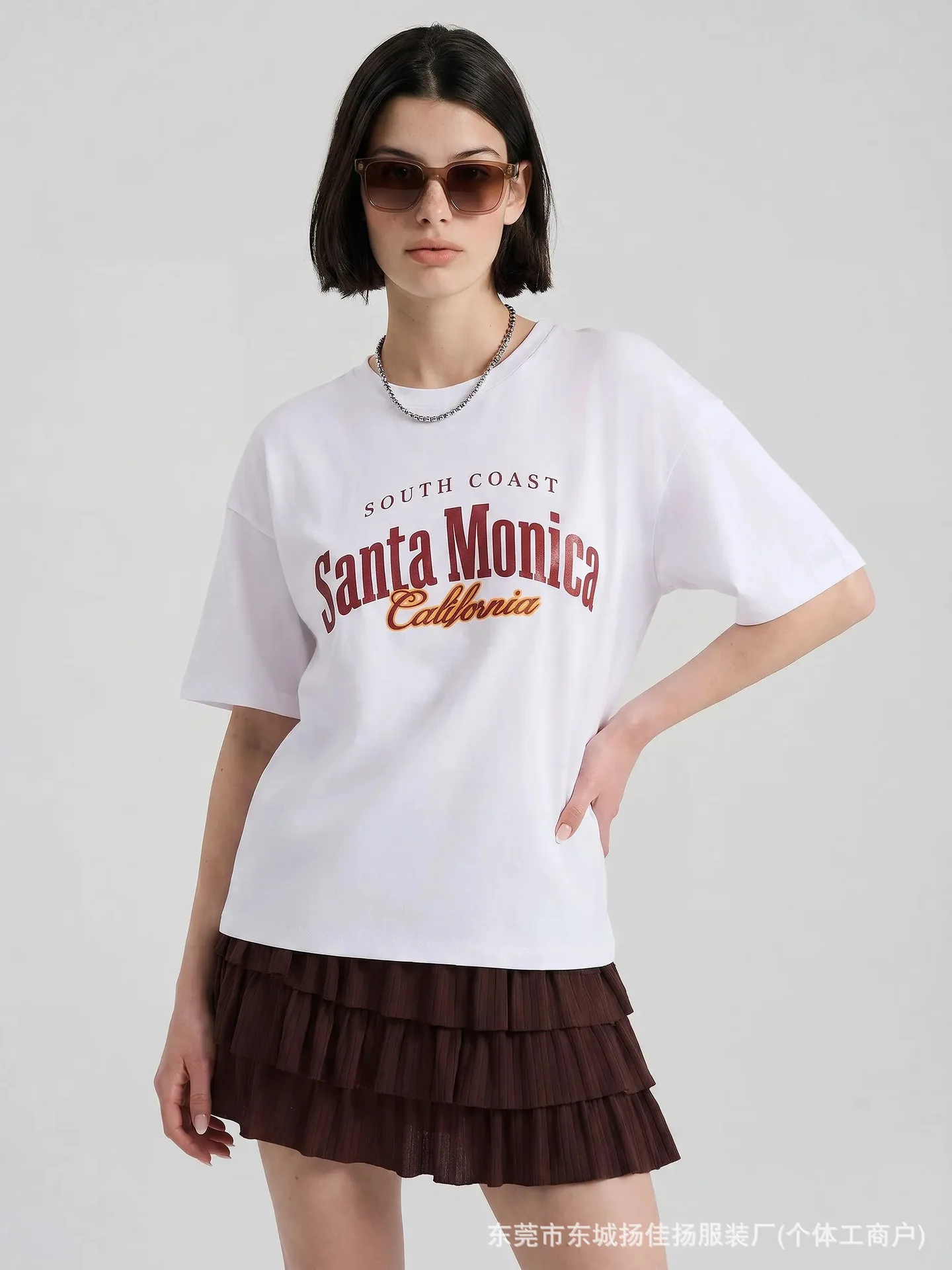 Vintage West Coast White Oversized Tee Retro Layered Santa Monica California Print Soft Cotton Loose Women Beach Street T Shirt