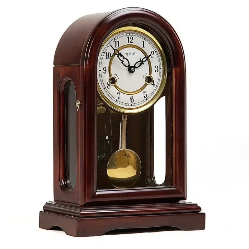 Retro Desk Clock Chime Mechanical Desktop Watches Wooden Living Room Pendulum Clock Pure Copper Interior Accessories Decoration