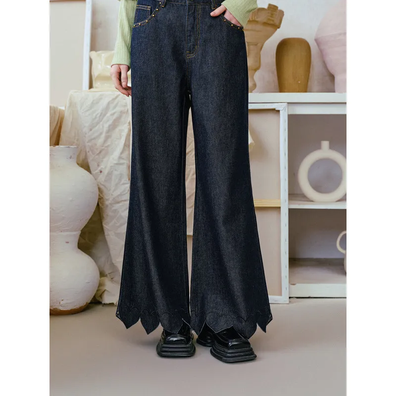 

Deep Sea Blue Distressed Wide-Leg Jeans with Frayed Hem & Beaded Bow