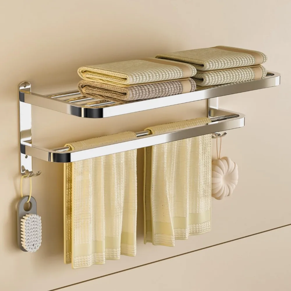 شريط منشفة مزدوج مثبت على الحائط من الفولاذ المقاوم للصدأ مع خطافات للحمام، مناسب للاستخدام في الفندق