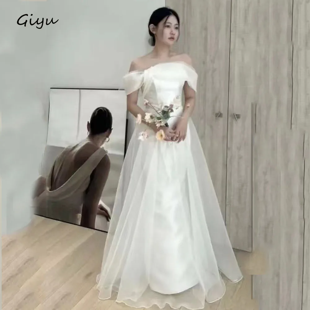 Giyu semplice a-line corea abito da sposa servizio fotografico maniche corte al largo delle spalle lunghezza del pavimento abito da ballo smileslimays