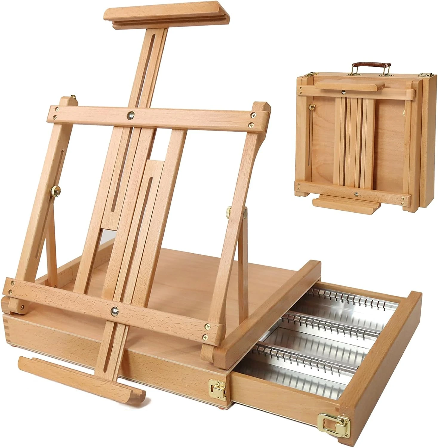 Studio Sketchbox Table Easel With Metal Lined Drawer, Adjustable Solid Beech Wood Tabletop Easel Sketchbox Artist Storage Holder For Studio Plein Air Canvas Painting, Natural Brown Set
