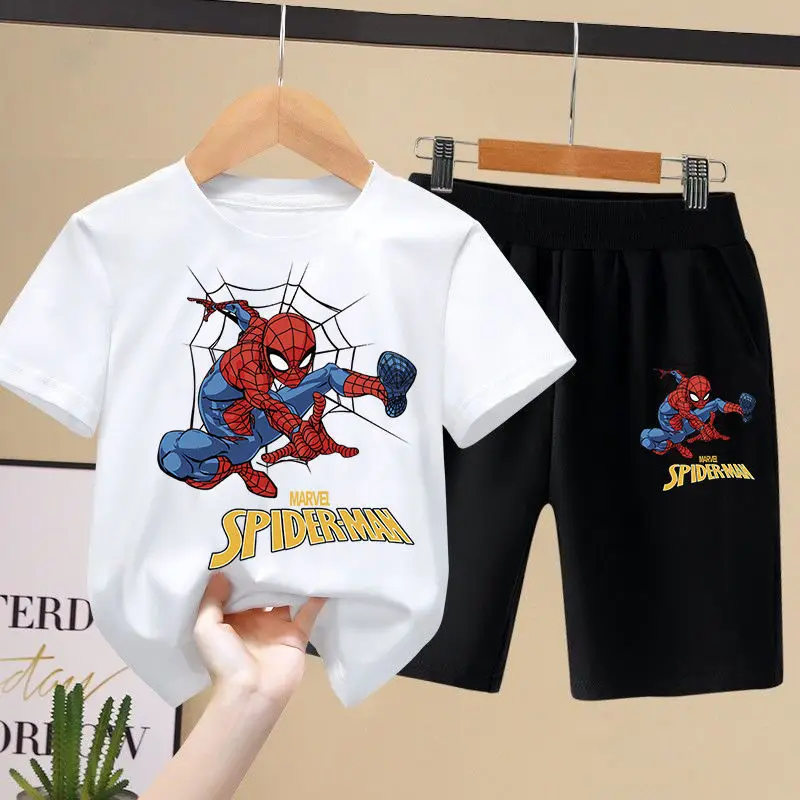 Fashion Spiderman Boys Short Sleeve Shorts Sets Summer Trend Baby Children's Suits 2 Piece Disney Kids Outfits