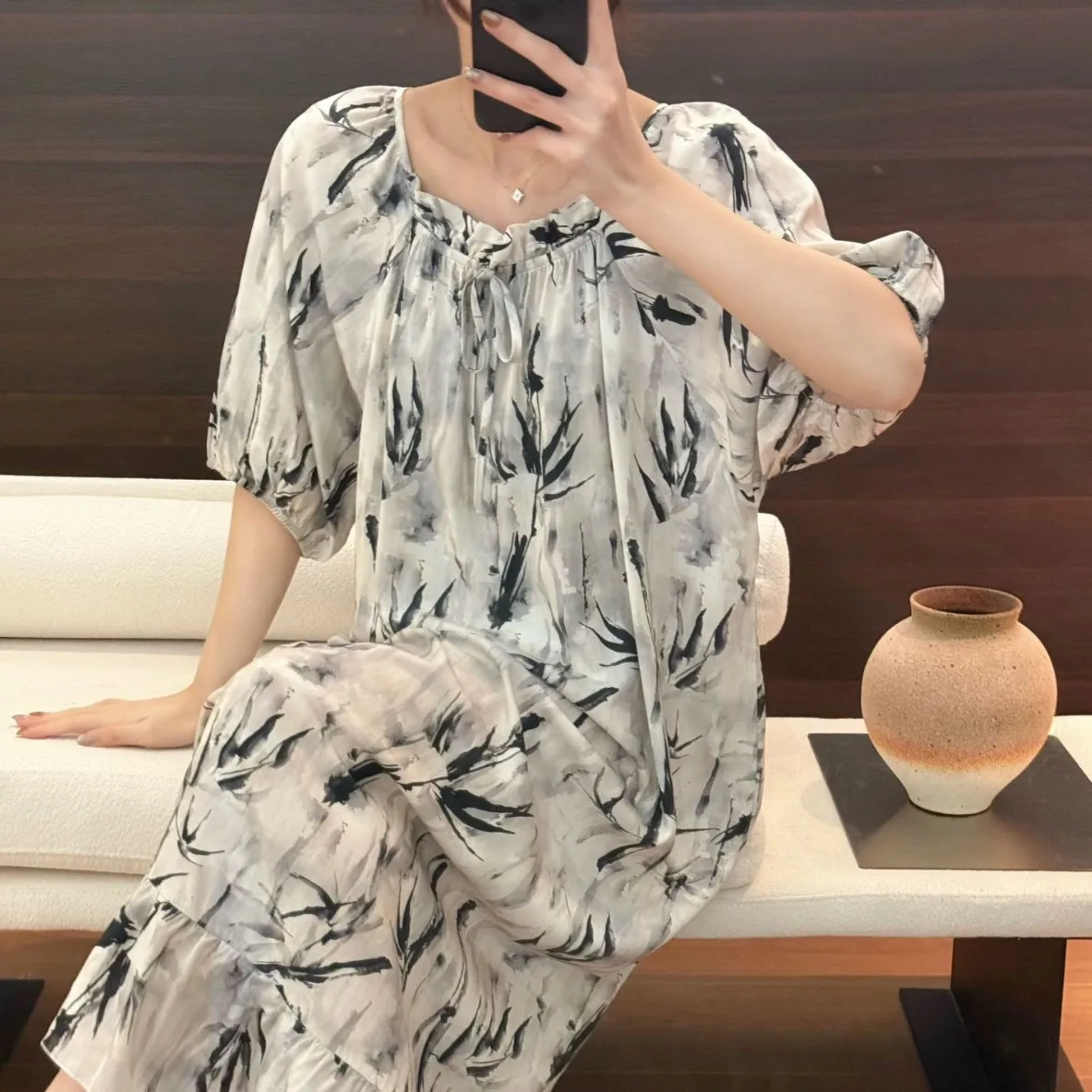 

Summer Long Dress Nightgown Artificial Cotton Printed Hollow out Women's Loose Wearable Fairy Style Sleep Dress Home Clothes
