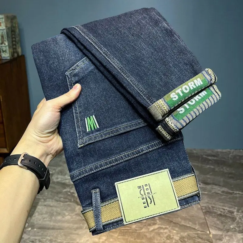 New Men's Jeans Embroidered Trendy Print Casual Elastic Slim Fit Jeans Youthful Style Spring Autumn Wear Resistant Straight Leg